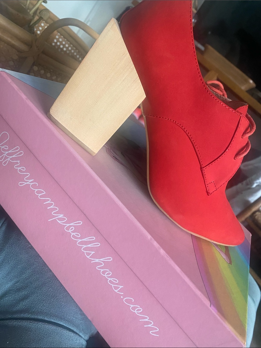 Jeffrey Campbell Red Lace-Up Block Heel with Wood-Look Heel